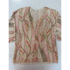 Chicos V-Neck Knit Sweater Top Pink Gold Leaf Print 3/4 Sleeve Size 1 Medium